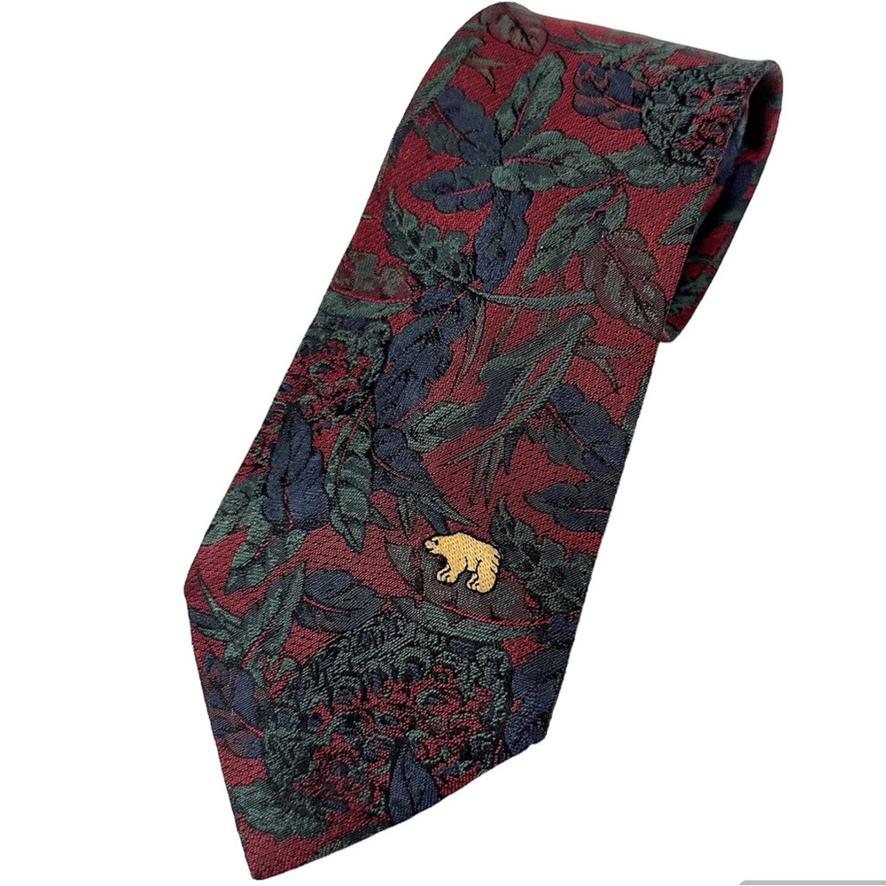 New Silk Tie Jack Nicklaus Blue Green Leaves on Dark Red in Plastic Sleeve